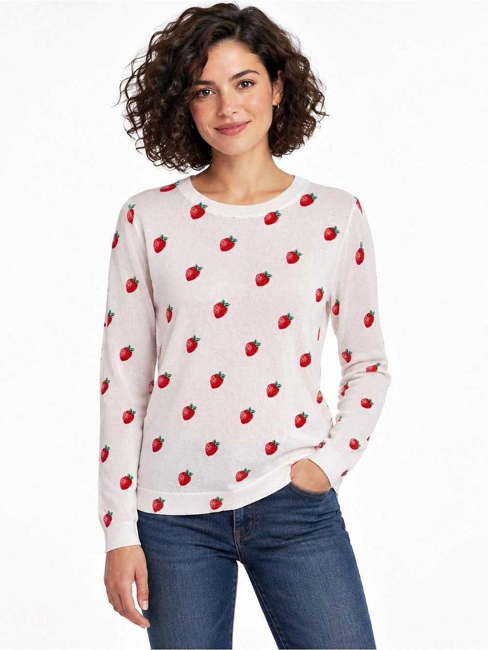 J.Crew Factory Strawberry Teddie Cotton Sweater White Red Size L